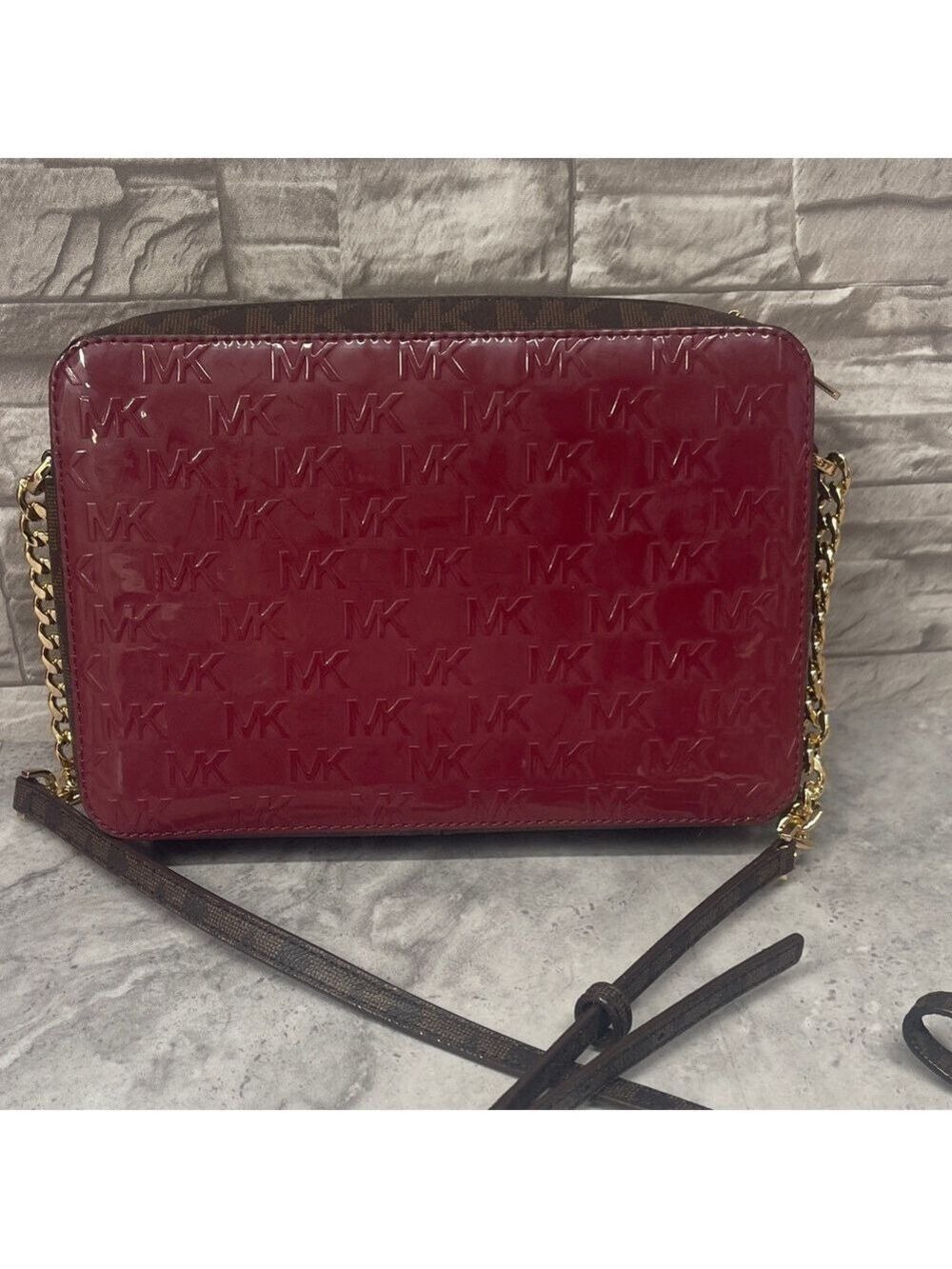 Michael Kors Burgundy Embossed Patent Leather Crossbody Bag & Wallet Set Berry - Picture 4 of 12